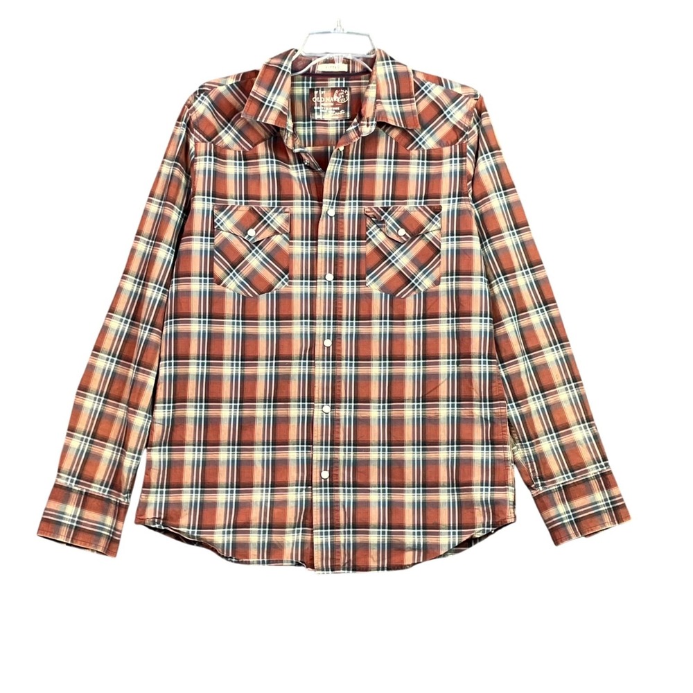 Old Navy Fitted Shirt Mens Medium Plaid Western Cowboy Hiking Outdoor Pearl Snap